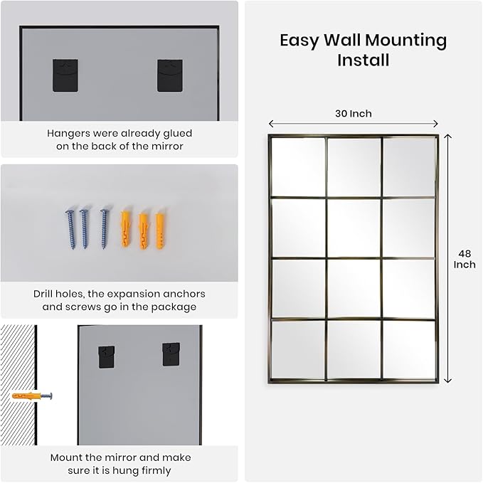 Windowpane Wall Mirror 30"x48" Bronze Wall Mounted Art Pane Mirror Farmhouse Decorative Mirror Leaning Hanging Wall Mirror for Bedroom Living Room Entrance Hallway Wall Decor