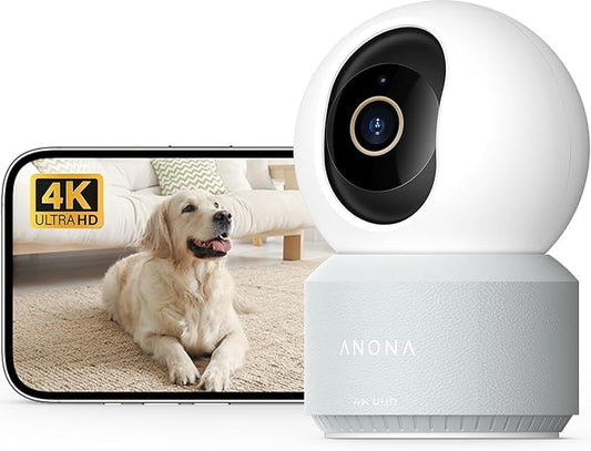 Anona Pano 4K UHD Indoor Camera, Pet/Dog/Baby Security Camera with Phone App, 360° Pan-Tilt, 2.4G/5G Dual-Band Wi-Fi 6, Auto-Tracking, Person/Pet/Baby Crying Detection, Privacy Mode, Two-Way Audio