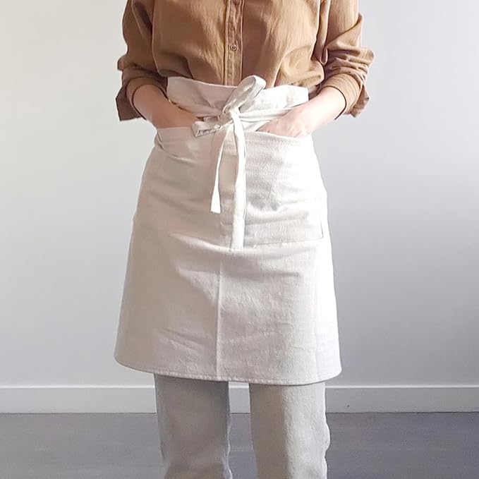 Cityelf Linen Server Apron Cotton Bistro Half Apron with Large Pockets Waist Kitchen Apron for Cooking Waitress