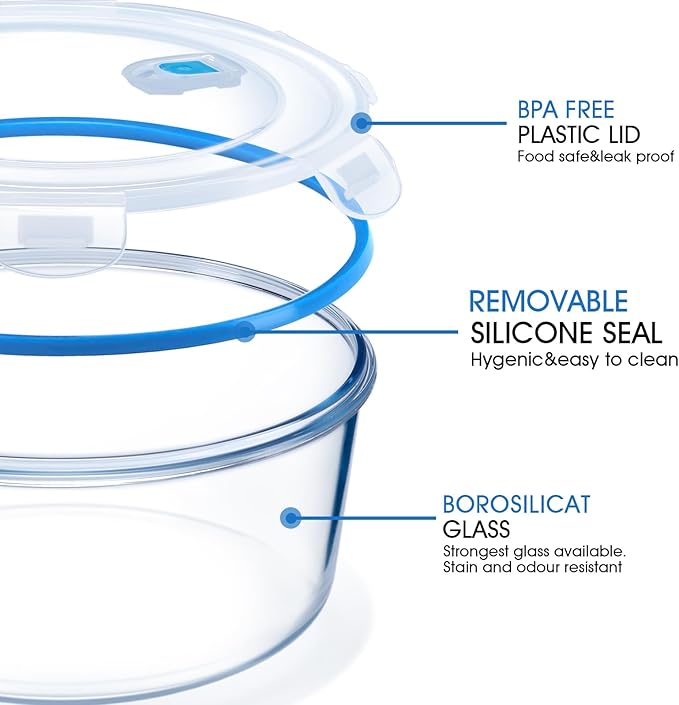 NUTRIUPS 15/30/54/95oz Round Large Glass Food Storage Containers with Lids,Glass Bowl & Meal Prep Containers with Lids,4-Piece Set