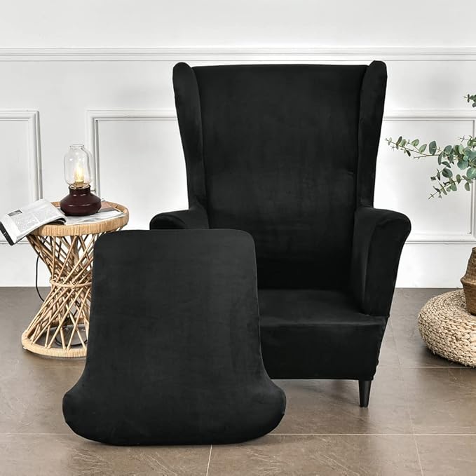 OBCREAT Wingback Chair Covers,2 Piece Stretch Velvet Wingback Chair Slipcover Soft Wing Chair Sofa Covers with Elastic Bottom,Armchair Couch Cover Furniture Protector for Living Room (Black)