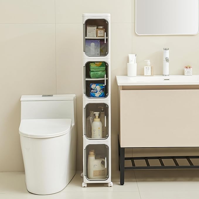 4-Tier Narrow Storage Cabinet with Magnetic Doors and Shelves, Plastic Slim Bathroom Organizers and Storage with Wheels for Small Spaces Bathroom, Kitchen, White