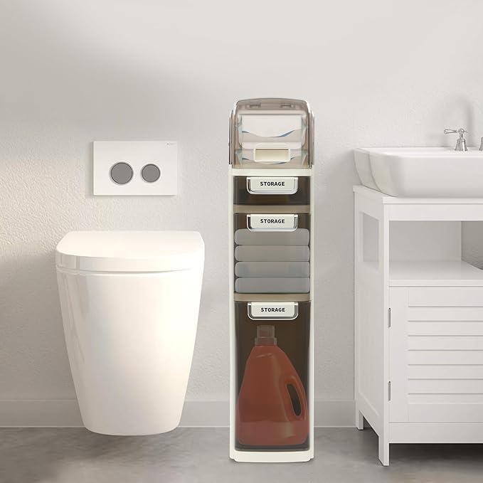 Bathroom Floor Storage Cabinet, Narrow Slim Organizer Multi-Tiers Toilet Paper Cabinet Waterproof W/Clear Drawers,for Tiny Kitchen Laundry Living Room Toilet Gap (4 Tiers)