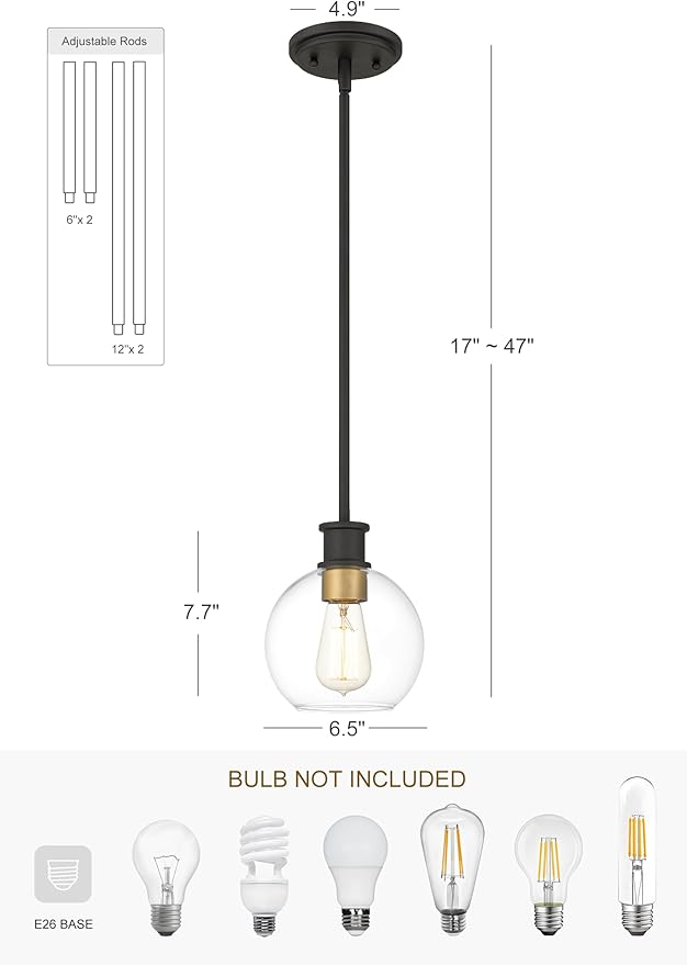 Black and Gold Pendant Light, Modern Globe Pendant Light, Island Pendant Lights with 6.5 inch Clear Globe Glass Shade for Kitchen Island, Hallway, Entryway, Dining Room, Bedroom