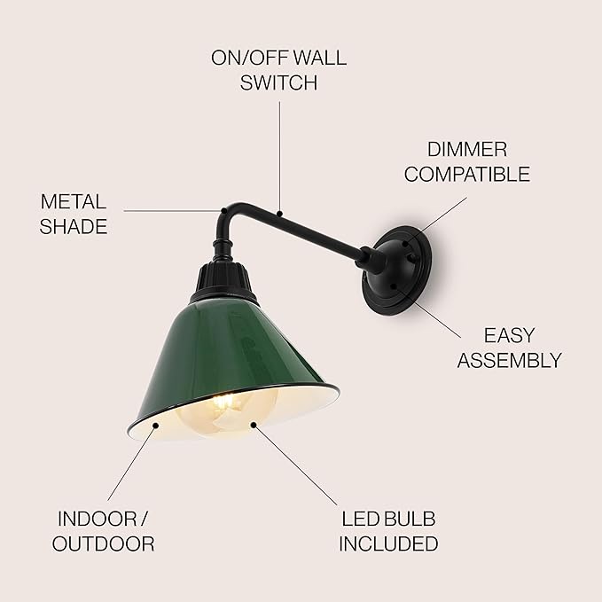 JONATHAN Y JYL7612F Croydon 9.63" 1-Light Farmhouse Industrial Indoor/Outdoor Iron LED Gooseneck Arm Outdoor Sconce Metal Bell Shade Vintage Cottage Rustic Porch Patio Yard Barn, Green