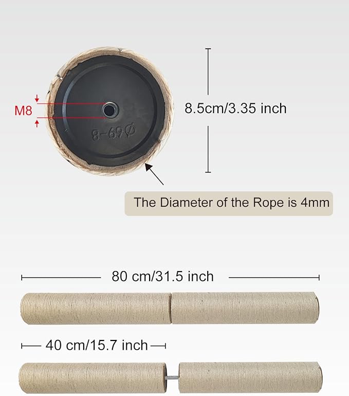 4 PCS M8 Cat Scratching Post Replacement, 15.7 x 3.3 inch Sisal Pole Cat Tree Replacement Post with Screws, Refill Sisal Rope Scratcher Posts for Indoor Tree Tower Cat Furniture Protector