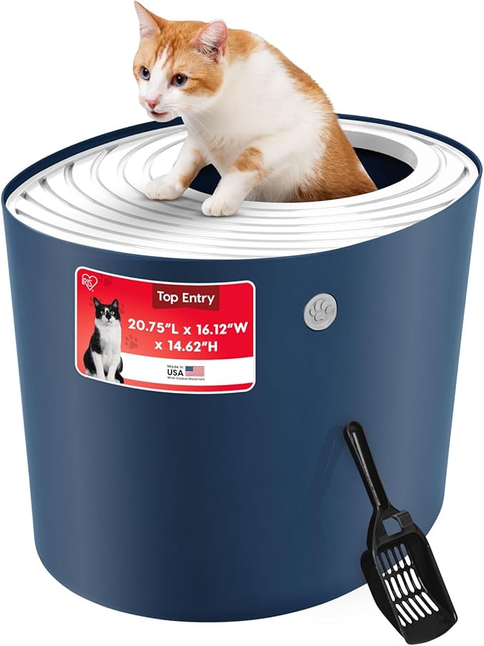 IRIS USA Large Top Entry Cat Litter Box with Lid Enclosed Covered Hooded Design Litter Catching Scatter Shield Pan Dog Proof Pet Proof Scoop Included Odor Control for Indoor Cats Kittens, Navy/White