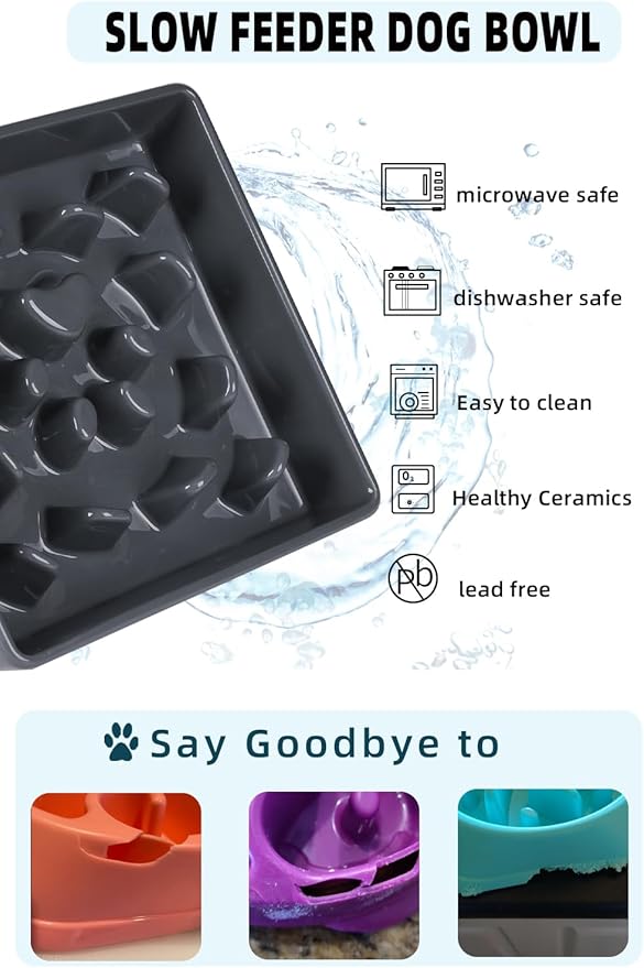 Square Slow Feeder Dog Bowls, Ceramic Fun Slow Eater Bowl for Small Medium Breed (Grey)