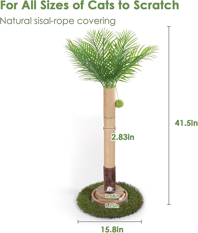 Cat Scratching Post, 35 Inch Tall Cat Scratcher Cat Tree Tower with Hanging Ball for Indoor Cats Adults,Sisal Rope Kitten Scratch with Interactive Mouse Cat Toy (41in, Areca Palm)