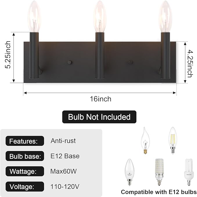 Kalium Bathroom Light Vanity Fixtures Over Mirror, 3-Lights Modern Matte Black Wall Sconces, Minimalist Wall Lights for Livingroom Bedroom Entryway Hallway Staircase, E12 Base(Bulbs Not Included)