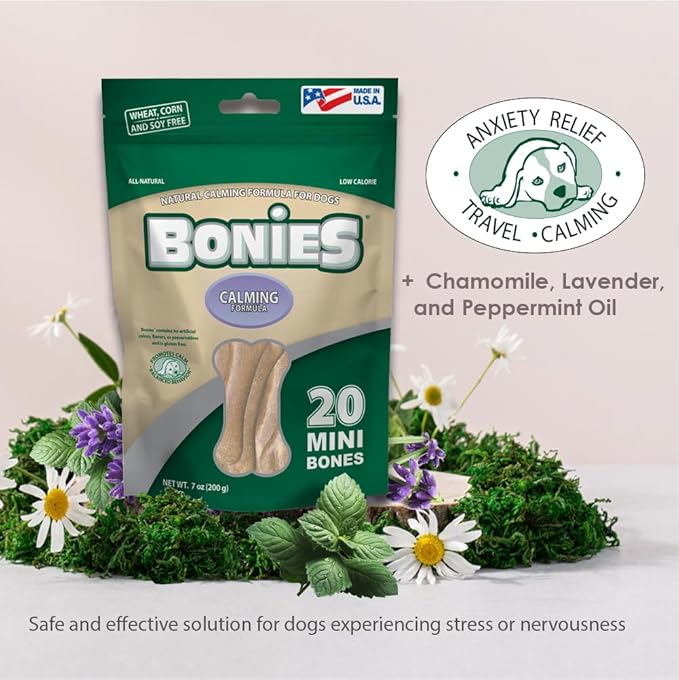 Bonies Natural Calming Formula Small-Sized Single Bone - Contains Chamomile & Lavender, Help Anxiety, Excessive Barking & Trembling, Chicken Flavor, Small Dog, 15 Bones