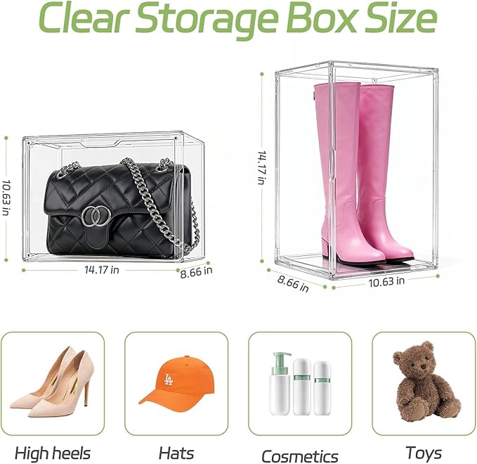 Clear Stackable Storage Bins, Acrylic Display Case, Acrylic Boxes with Lids, Magnetic Lid Storage Bins for Handbags & Purse, Large Figures Collectibles, Storage Box for Home Organization(3 Pack)