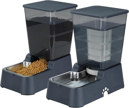 Automatic 5.4L/1.4Gal Pet Waterer, Automatic Dog Water Dispenser Gravity Stainless Steel Water Feeder, Large Capacity Feeding Bowls for Cats and Medium & Large-Sized Dogs (Black, Food+Water)