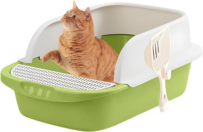 Large Open-Top Cat Litter Box with High Sides, Enclosed Scatter Shield Design, Easy Clean Plastic Litter Pan, Includes Scoop (Green)