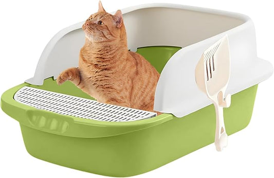 Large Open-Top Cat Litter Box with High Sides, Enclosed Scatter Shield Design, Easy Clean Plastic Litter Pan, Includes Scoop (Green)