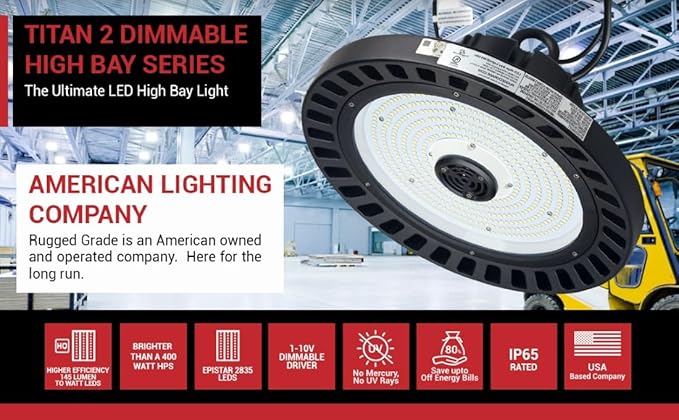 RuggedGrade 300W - Titan III Series LED High Bay UFO Light - 46,500 Lumens - 5000K Bright White - Outdoor LED Light - DLC 5.1 Premium
