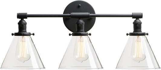 Permo Vintage Industrial Antique Three-Light Wall Sconces with Funnel Flared Clear Glass Shade (Black)