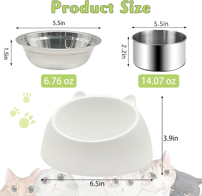 Hamiledyi Raised Cat Bowls 4 PCS - 15° Tilted Elevated Stainless Steel Food & Water Bowls for Anti-Vomiting, Spill Proof - Detachable Pet Dish Set for Cats/Kittens Feeding (Black+White, 200+400 ML)