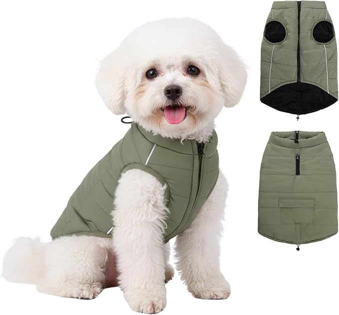 Dog Winter Coat - Waterproof Cold Weather Coat with Thick Padding, Windproof Dog's Snow Jacket with Neck & Tail Drawstrings, Reflective Puppy Jacket - Small Dog Coats, Olive Green S