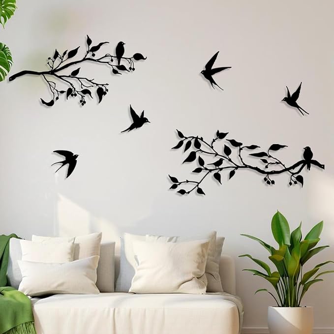 Harikikochuu 4PCS Metal Birds Wall Art Decor, Birds on the Branch Metal Silhouette Art, Black Leaves with Bird Outdoor Hanging Wall Sculpture for Home Office Balcony Garden Decor.（Swallow）