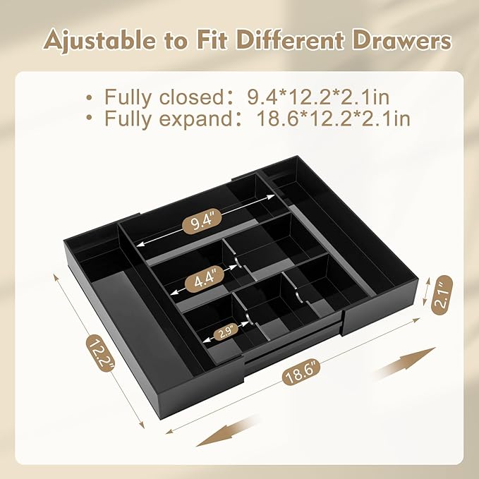 1 Pcs Acrylic Desk Drawer Organizer 2 Inch Height Expandable Drawer Organizer Trays with 8 Adjustable Compartments Desk Accessories for Makeup Silverware Office Bathroom(Black)