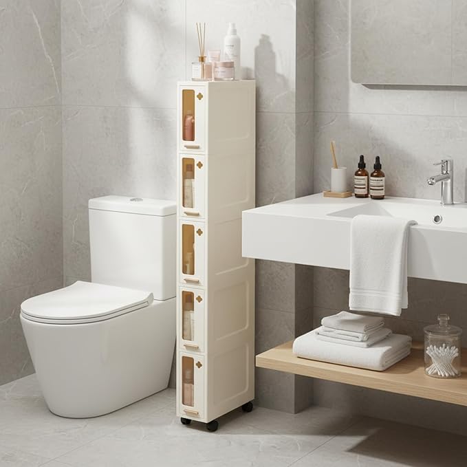 Weysat Narrow Bathroom Storage Cabinet with Wheels Slim Storage Organizer with Transparent Doors and Shelves for Small Space, Bathroom, Bedroom, Kitchen(5 Tiers)