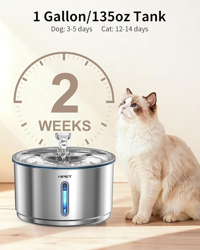 NPET Stainless Steel Cat Water Fountain, 1Gallon/135oz Automatic Pet Drinking Fountain with 4 Pack Replacement Filters