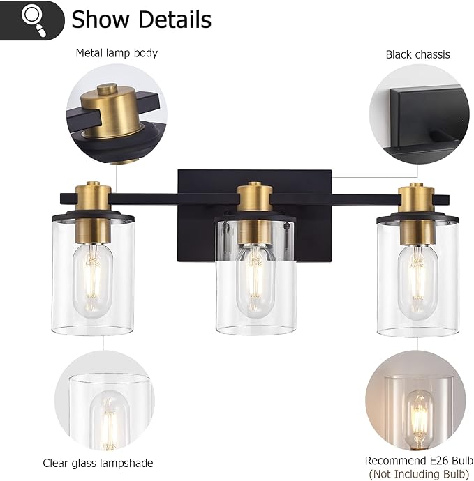 stambord 3 Light Bathroom Vanity Light, Black and Gold Light Fixtures, Sconces Wall Lighting with Glass Shade, Modern Brushed Vanity Lights for Bedroom, Hallway