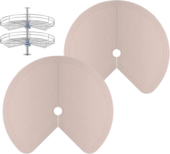 Lazy Susan Silicone Shelf Liner – Non-Slip Dual Tier Pie Cut Lazy Susan Liners for Kitchen Cabinet, 2PCS Set – Waterproof, Heat-Resistant & Anti-Slip Organizer Mat (Khaki, 27 Inch)