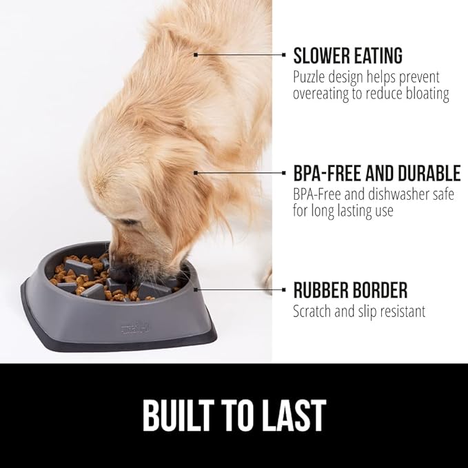 GORILLA GRIP Patented BPA Free Slow Feeder Dog Bowls, Interactive Puzzle Toy for Dogs and Cats Food Training Enrichment, Keeps Pets Busy and Prevents Puppy Overeating, All Breeds, 2 Cup, Gray
