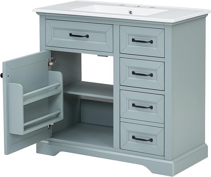 Christopher Knight Home 36" Bathroom Vanity with Ceramic Sink, Wooden Bathroom Vanity Organizer, Bathroom Storage Cabinet, Pedestal Sink Storage Cabinet, Adjustable Door Shelves+Drawer, Green Grey