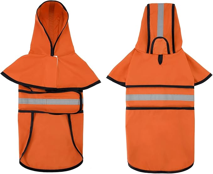 HDE Dog Raincoat Jacket Reflective Adjustable Hooded Pet Poncho Rain Coat with Leash Hole for Small to X-Large Dogs Safety Orange - L