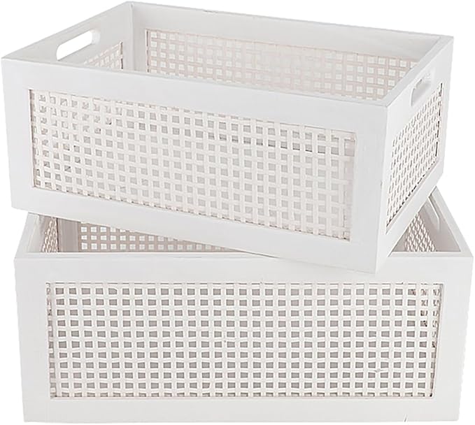 Wood Storage Baskets, Rattan Storage Baskets, Desk Office Drawer Storage Box. (White-Set2)
