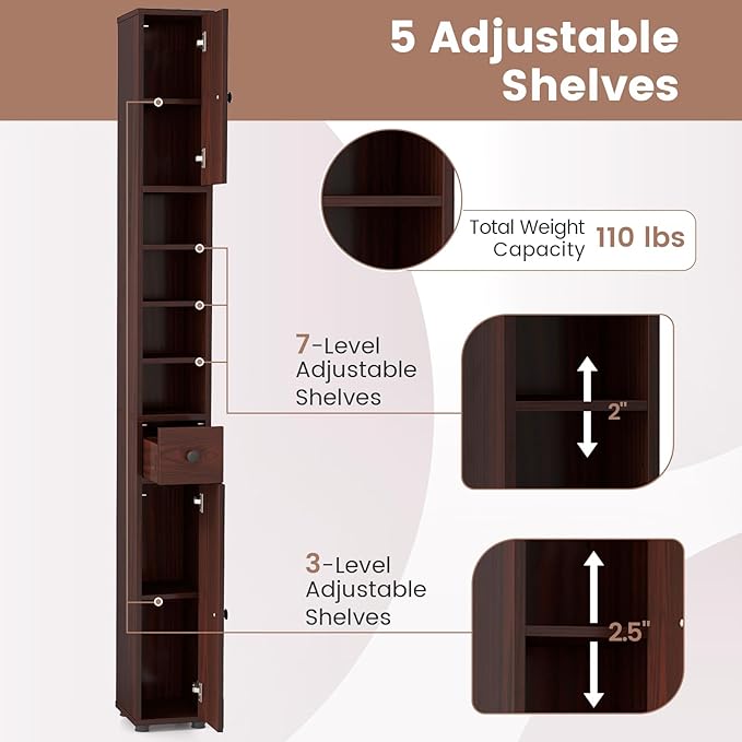 SIMOE Slim Bathroom Tall Cabinet - Freestanding Floor Storage Organizer with 2 Doors, 1 Drawer & 5 Adjustable Shelves, Hardwood Narrow Linen Tower for Small Spaces, 8"x8"x71"