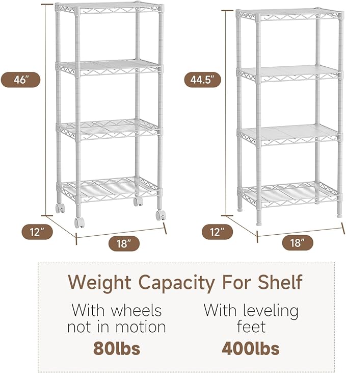 4 Tier Adjustable Storage Shelves Metal Utility Shelf Wire Shelving Unit Organizer Rack for Home Kitchen Office Bathroom Pantry Room 12" D x 18" W x 44" H