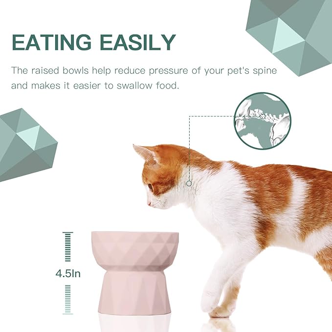 Frewinky Cat Bowls,Ceramic Cat Bowls Anti Vomiting,Raised Food and Water Bowl Set for Cats and Small Dogs,13.5 Oz,Pink