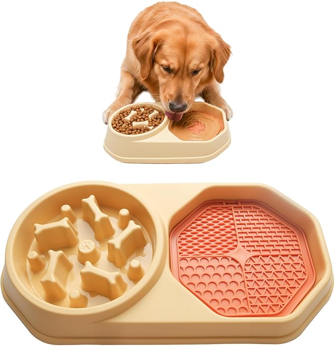 Slow Feeder Dog Bowl with Silicone Lick Mat, Non-Slip Dual Feeding Station for Medium & Large Dogs, Slow Eating Bowl to Help Reduce Fast Eating, Removable Lick Pad (Yellow)