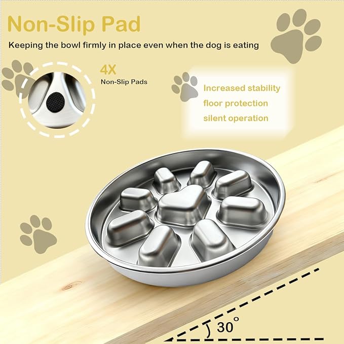 Medium Stainless Steel Slow Feeder Pet Bowls-Non-Slip Stainless Steel Bowl,4-Cup Capacity Slow Feeder to Prevent Indigestion,Dishwasher Safe,Comes with Spatula & Pastry Brush (Heart)