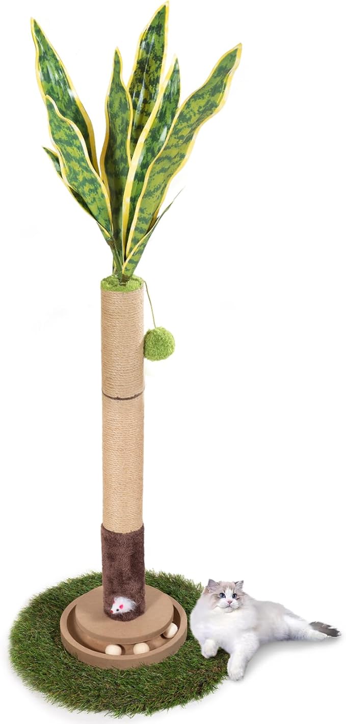 Cat Scratching Post, 35 Inch Tall Cat Scratcher Cat Tree Tower with Hanging Ball for Indoor Cats Adults,Sisal Rope Kitten Scratch with Interactive Mouse Cat Toy (41in, Snake Plant Leaves)