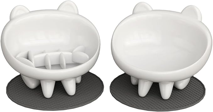 2 Pack Elevated Slow Feeder Cat Bowls – Whisker-Friendly Tilted Ceramic Bowls Anti Vomiting, Raised Feeding Station with Anti Slip Mat, Ideal for Senior Cats & Small Dogs