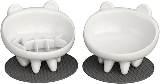 2 Pack Elevated Slow Feeder Cat Bowls – Whisker-Friendly Tilted Ceramic Bowls Anti Vomiting, Raised Feeding Station with Anti Slip Mat, Ideal for Senior Cats & Small Dogs