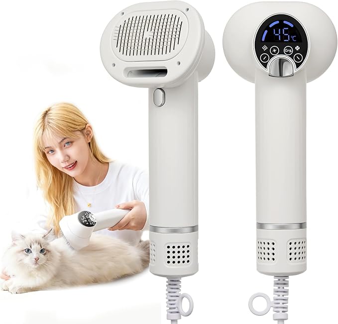 3-in-1 Dog Hair Dryer Brush - Adjustable Temp (35°C-60°C) & 4 Speeds, One-Touch Hair Collection for Safe Grooming of Small & Medium Dogs