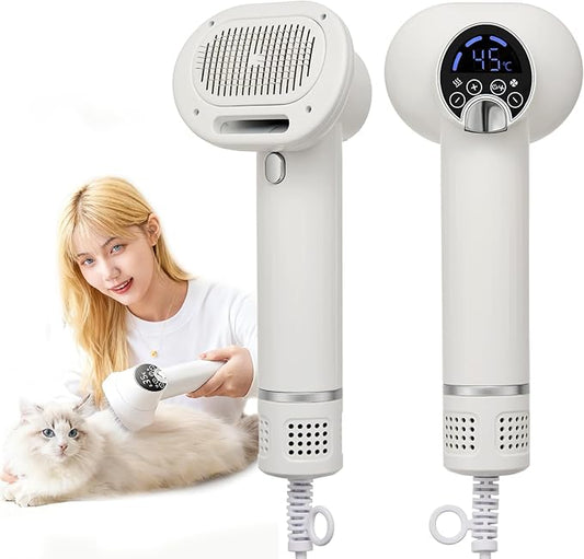3-in-1 Dog Hair Dryer Brush - Adjustable Temp (35°C-60°C) & 4 Speeds, One-Touch Hair Collection for Safe Grooming of Small & Medium Dogs
