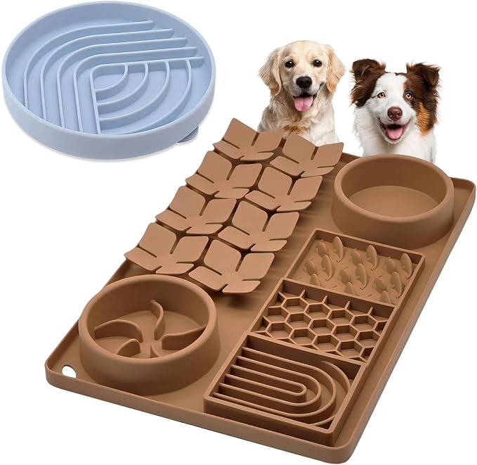 Slow Feeder Bowl Bundle: Brown 4in1 Licking mat + Blue Arch Slow Feeder, Silicone Lick Mat with Suction Cups, Snuffle mat for Dogs, Interactive Sniff Mat for Slow Eating and Keep Busy