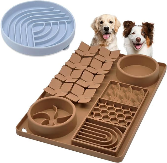Slow Feeder Bowl Bundle: Brown 4in1 Licking mat + Blue Arch Slow Feeder, Silicone Lick Mat with Suction Cups, Snuffle mat for Dogs, Interactive Sniff Mat for Slow Eating and Keep Busy