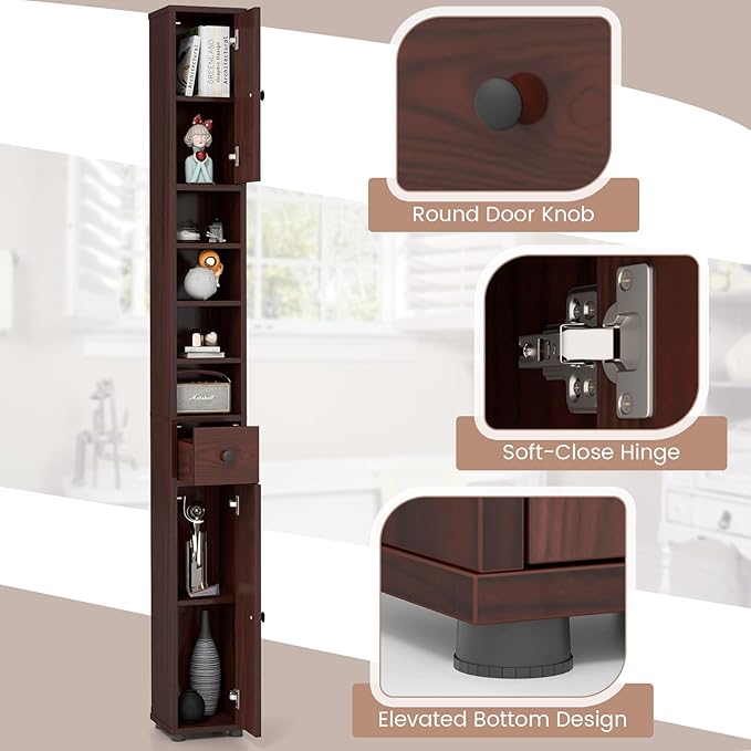 SIMOE Slim Bathroom Tall Cabinet - Freestanding Floor Storage Organizer with 2 Doors, 1 Drawer & 5 Adjustable Shelves, Hardwood Narrow Linen Tower for Small Spaces, 8"x8"x71"