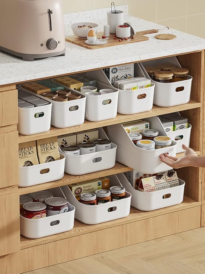 White Plastic Bins/Storage Organizers - Pantry Baskets, Bins for Shelves, Organizer and Storage for Bathroom, Bedrooms, Kitchens and More - Medium Size (Case - 24 Pack)