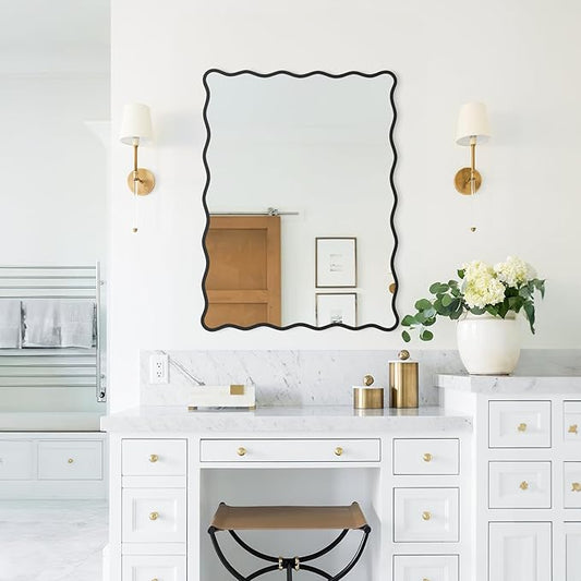 Rectangle Wavy Wall Mirror for Bathroom,18"x24" Black Scalloped Wood Frame Vanity Mirror Decorative for Bedroom Living Room Home House Office Entryway