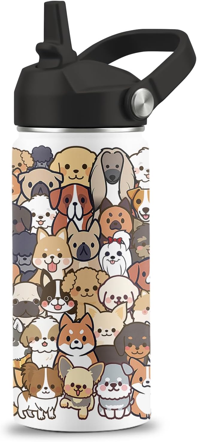 Dog Lover Gifts, 16 oz Water Bottle with Straw Lid, Stainless Steel Insulated Dog Water Bottle, Cute Puppy Tumbler for Travel Outdoor (1pcs)