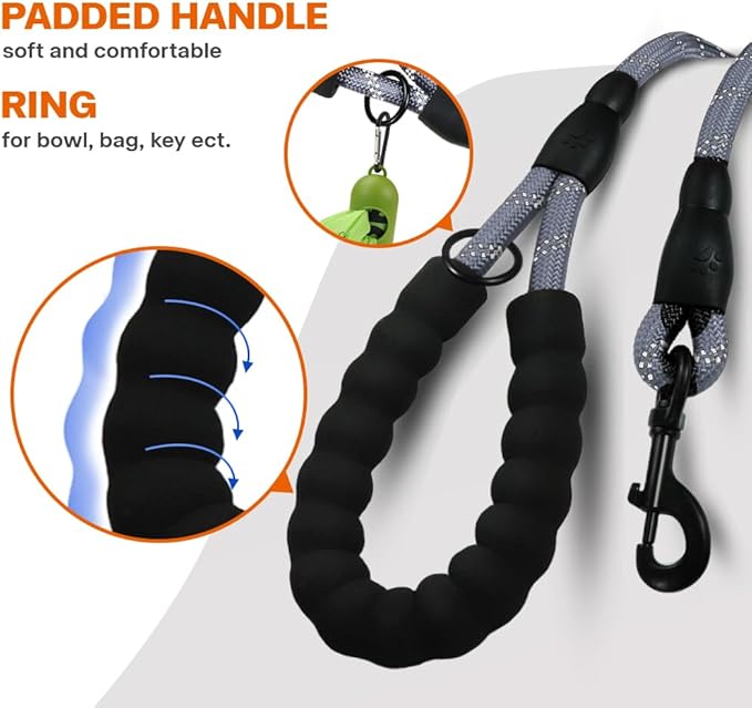 Taglory Rope Dog Leash 4 FT with Comfortable Padded Handle, Highly Reflective Threads Leash for Small Dogs, 3/8 inch, Grey